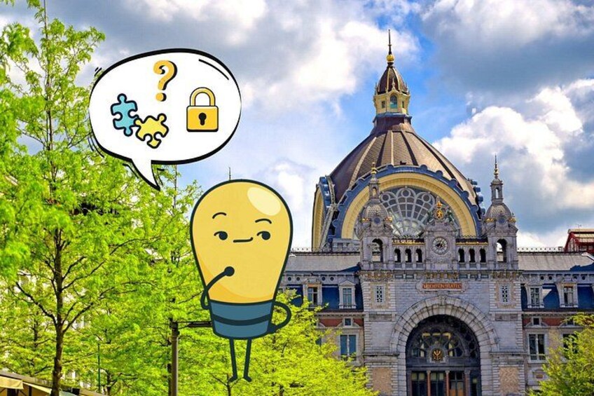 A cartoon character in front of a historic building with a dome and clock tower. 3