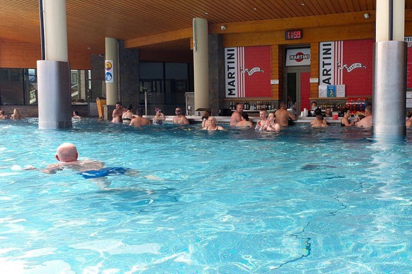 A swimming pool with people in the water, a bar area with 'MARTINI' signage, and a covered roof structure. 4