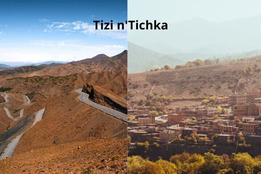 Paisaje desértico con una carretera sinuosa y un pueblo con edificios. 4