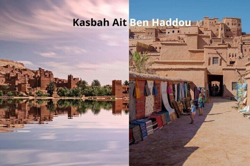 Una kasbah tradicional con un río al fondo y una zona de mercado con tejidos coloridos. 5