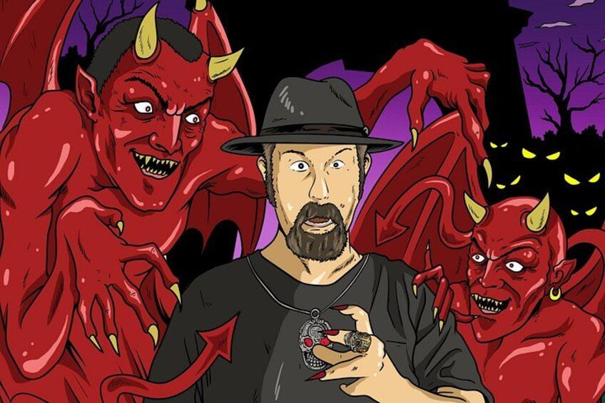A man in a black shirt and hat holding a small object, with two red devil-like creatures behind him. 2