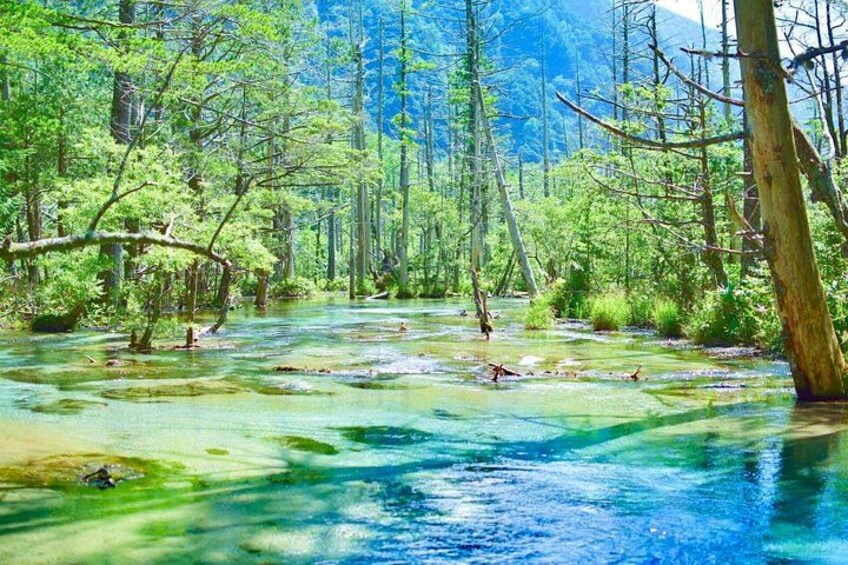 If you want, you can walk a little further along the river and enjoy the stunningly clear waters of Kamikochi 2