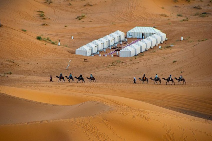 A desert landscape with sand dunes and a caravan of camels. 1