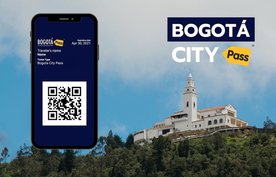 A smartphone displaying a Bogota City Pass with a QR code, a date, and an expiration date. 3
