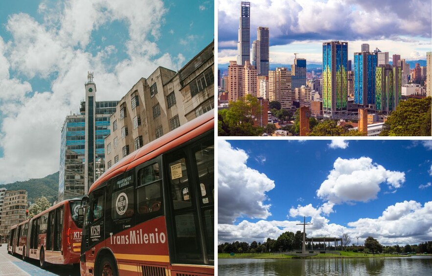 Un paisaje urbano con edificios modernos, un autobús y un lago. 5