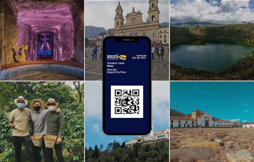 A tunnel, a city pass, a lake, a QR code, and a building. 4