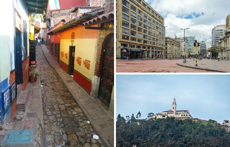 Una calle estrecha con edificios coloridos, un paisaje urbano moderno y una iglesia en la cima de una colina. 3