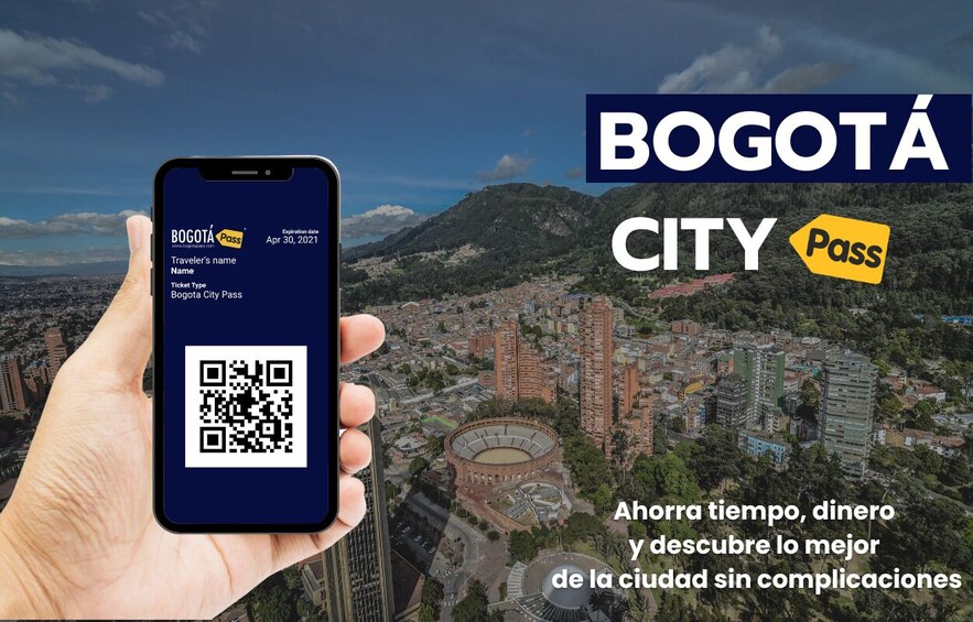 A smartphone displaying a Bogota City Pass with a QR code, set against a cityscape with mountains in the background. 2