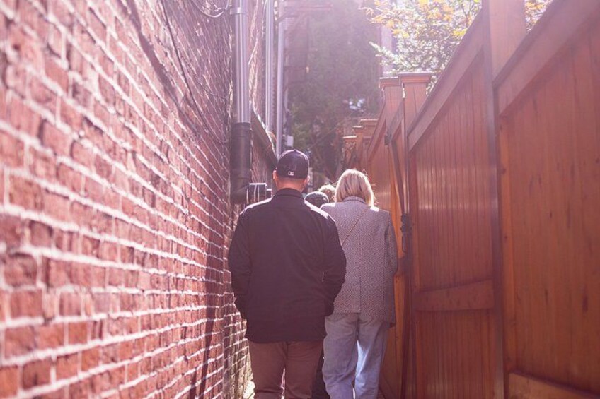 A narrow alleyway with brick walls and a wooden fence. 3