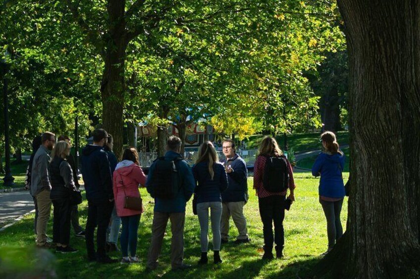 A group of people standing on grass near trees in a park. 5