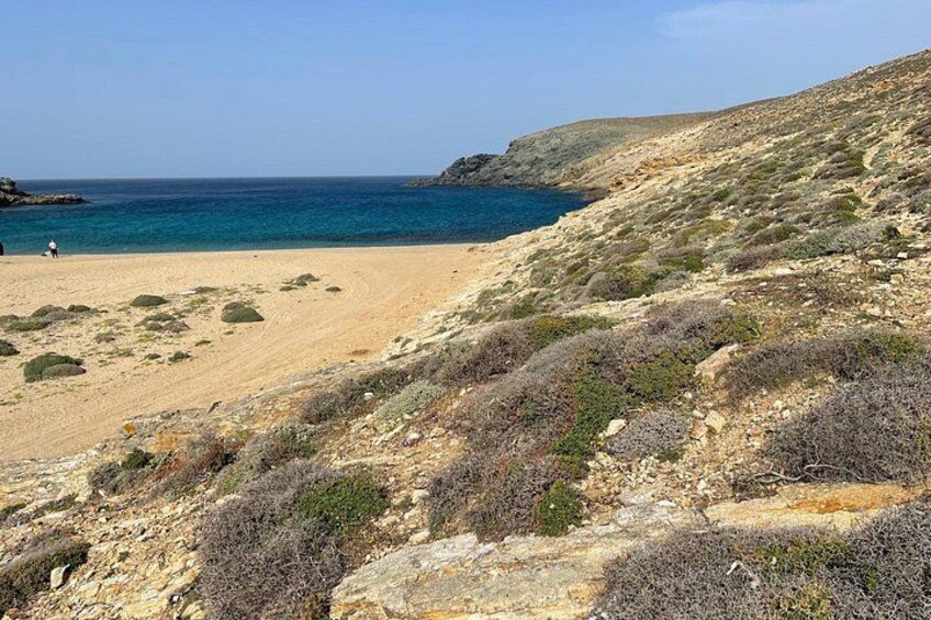 Un paisaje costero con una playa arenosa, terreno rocoso y vegetación escasa. 3