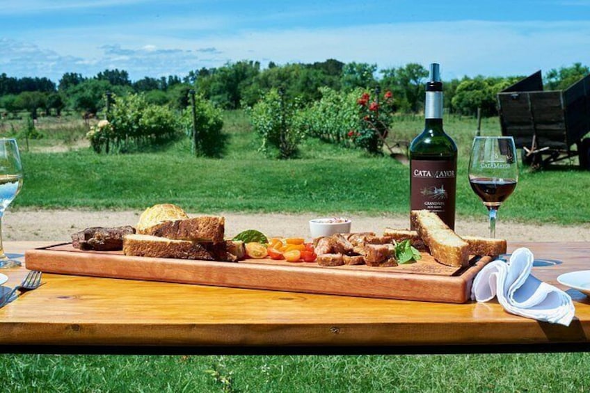 A picnic setup with a wooden table, a bottle of wine, and a glass of red wine. 1