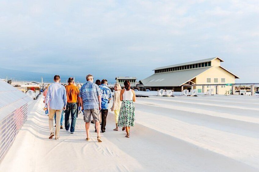 A group of people walking on a sandy beach with a building in the background. 5
