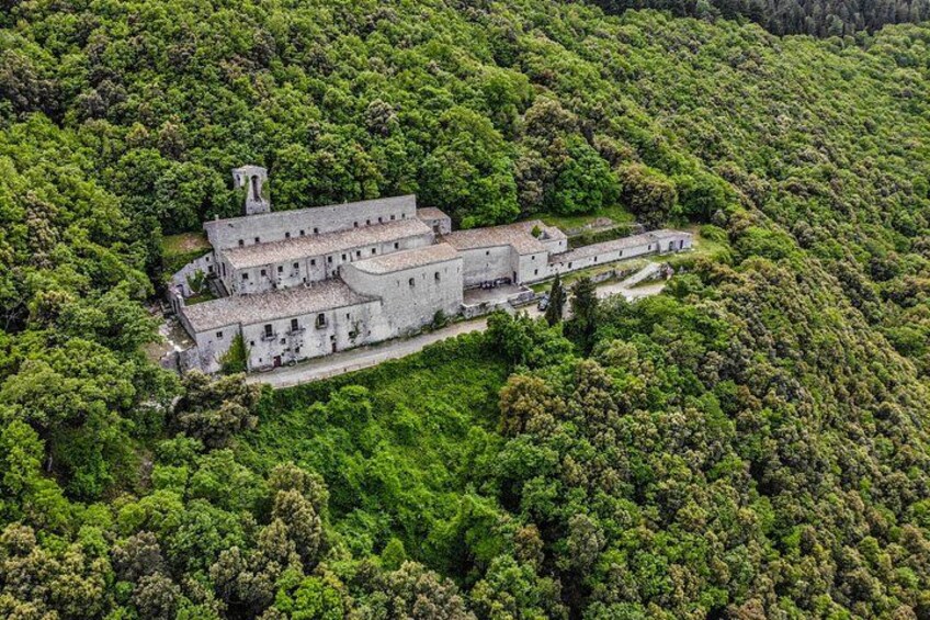 Un grande edificio storico in pietra immerso in una fitta foresta. 2