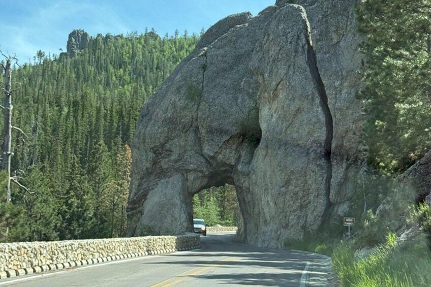 A road passing through a large rock arch formation surrounded by forest. 2