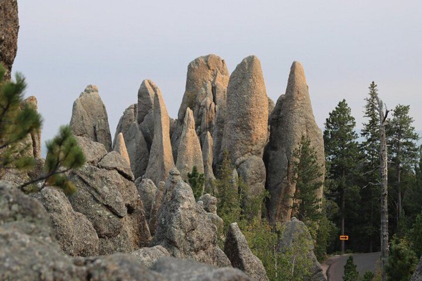 A rocky landscape with prominent rock formations and a road sign in the distance. 3