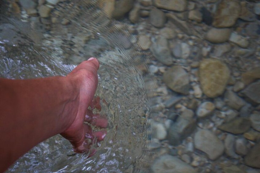 A hand submerged in clear water with a rocky bottom. 3