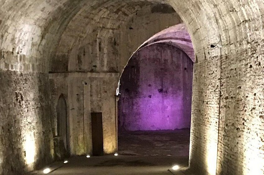 A dimly lit, arched stone tunnel with rough textures and a purple hue. 2