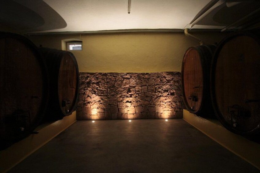 A wine cellar with stone walls and wooden barrels. 3