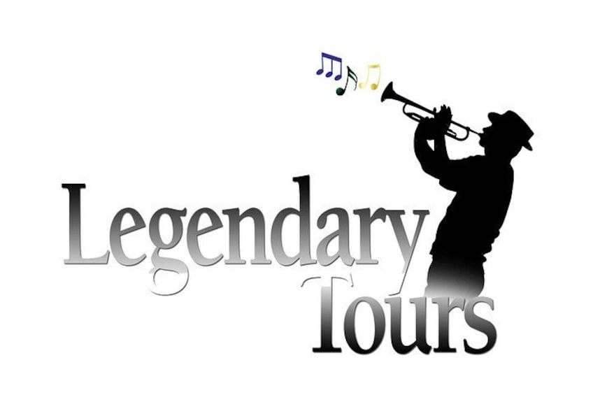 Logotipo con el texto 'Legendary Tours' y la silueta de una persona tocando una trompeta. 2