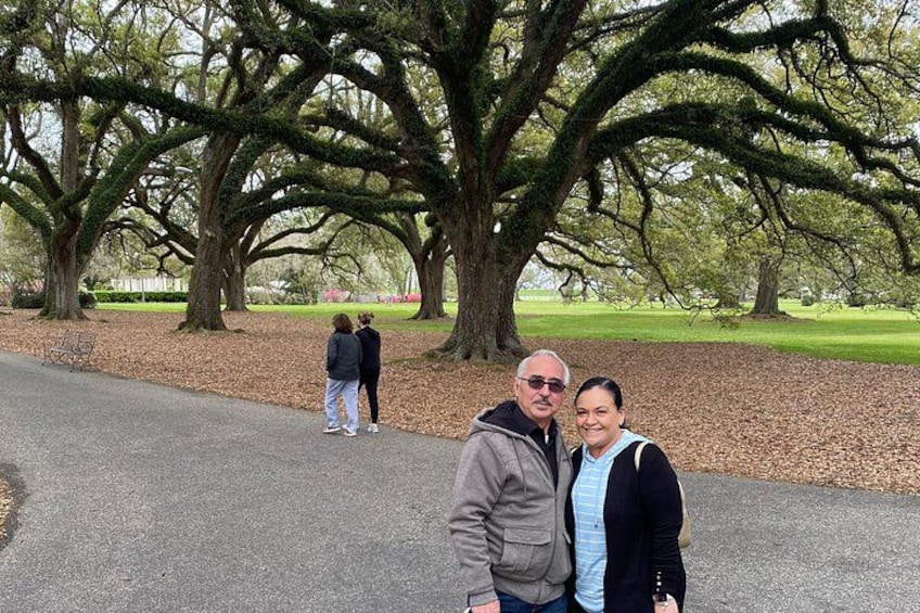 A park with large trees, a paved path, and people walking. 2