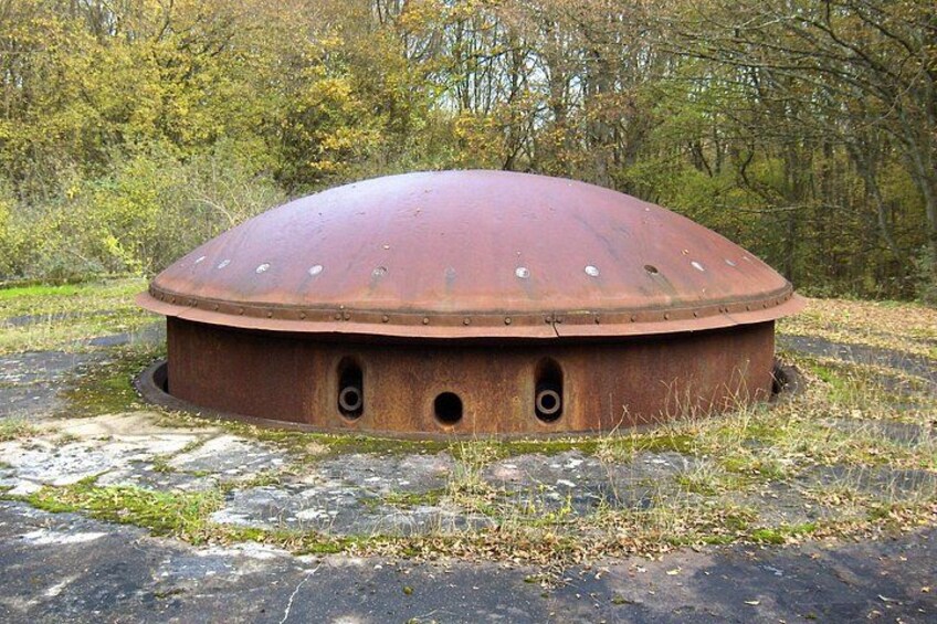 Una struttura arrugginita a forma di cupola, con aperture circolari, circondata da erba e alberi. 2