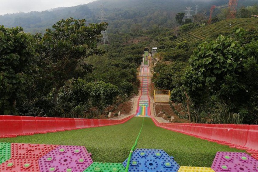 Un sentier bordé de pierres colorées qui serpente à travers un paysage verdoyant et mène vers le haut d’une colline. 2