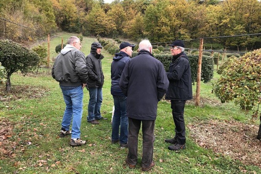 A group of people standing outdoors in a grassy area with trees and shrubs in the background. 5