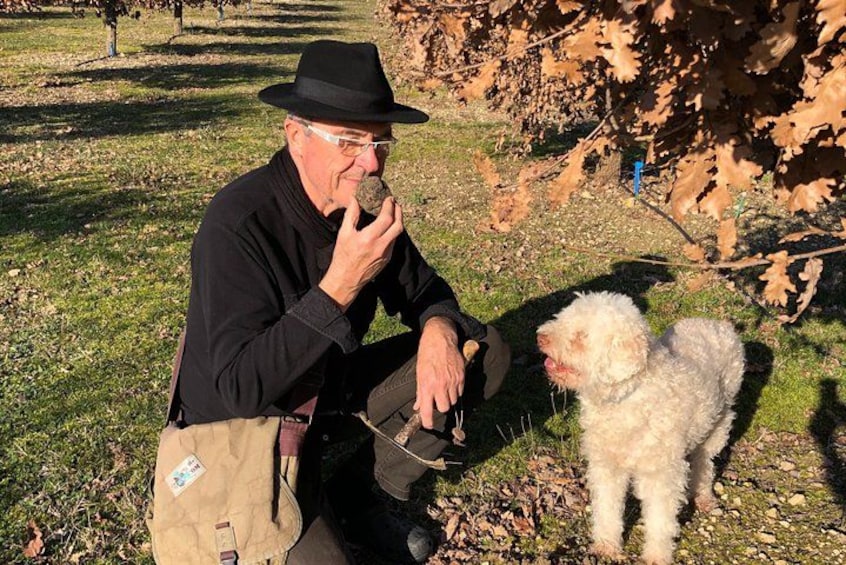 A person sitting on the grass with a small white dog. 1