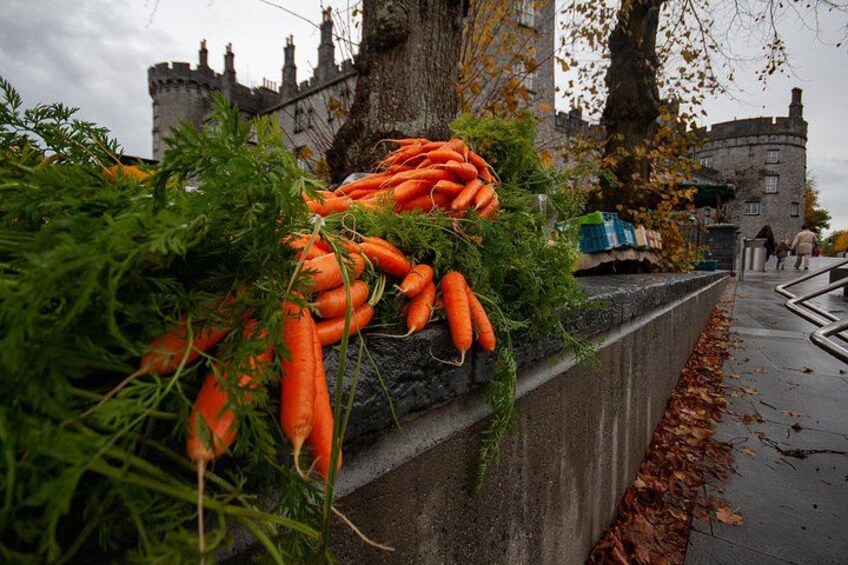 A pile of carrots and greens on a stone ledge with a castle in the background. 3