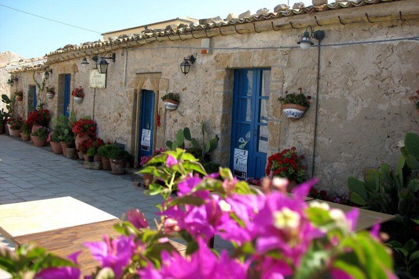 Una hilera de edificios con puertas azules, plantas en macetas y cestas colgantes de flores. 3
