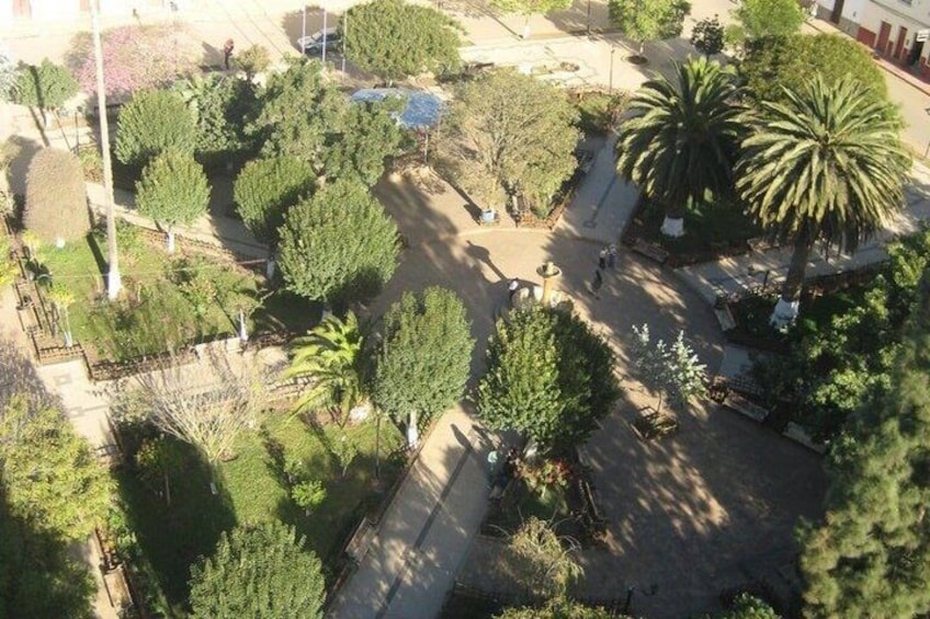 An aerial view of a park with various trees, a central paved area, and a few benches. 2