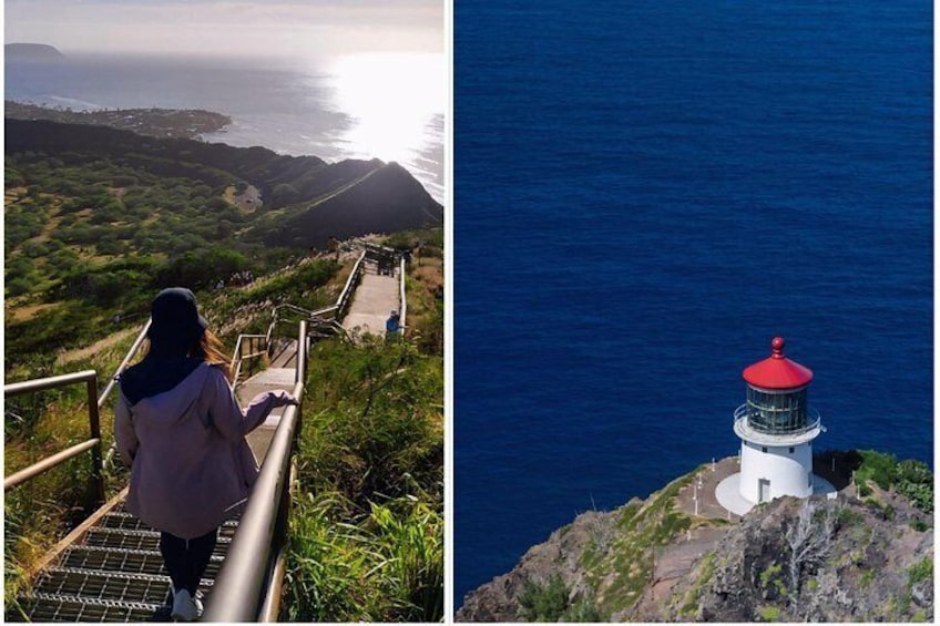 Eine Person geht auf einer Metalltreppe und überblickt eine Küstenlandschaft mit einem Leuchtturm. 1
