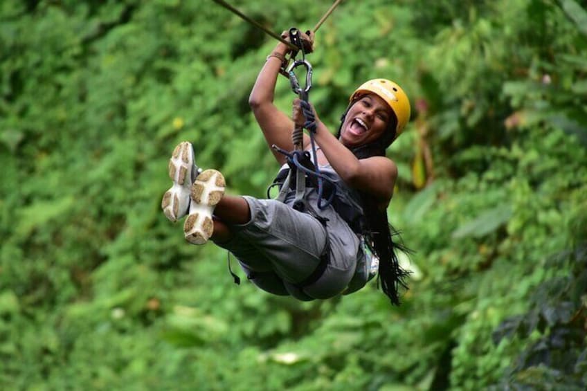 A person ziplining through a forest. 5