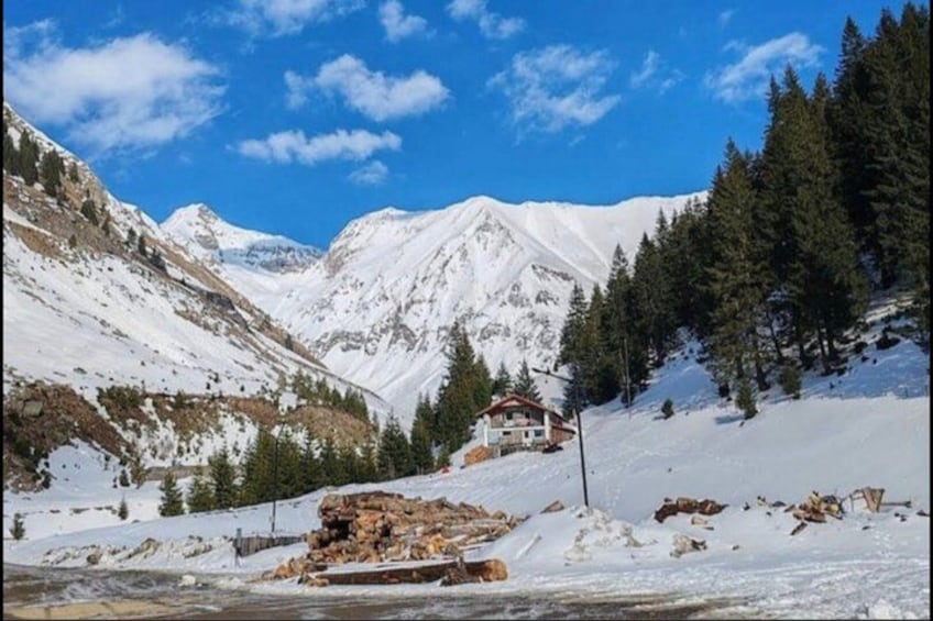 A snow-covered mountain landscape with a cabin, pine trees, and a clear blue sky. 1
