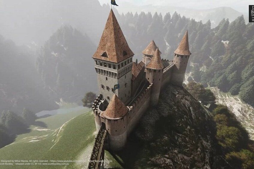 Un castillo medieval con múltiples torres, rodeado de un paisaje montañoso. 2