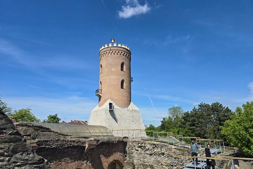 Una torre de ladrillo con techo cónico, rodeada de árboles y un cielo despejado. 3