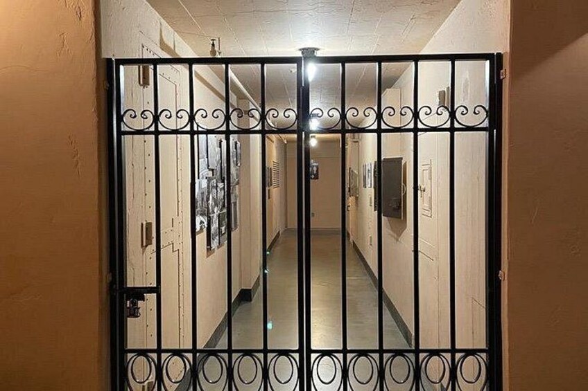 A hallway with a metal gate, a staircase, and a door with a light switch. 3