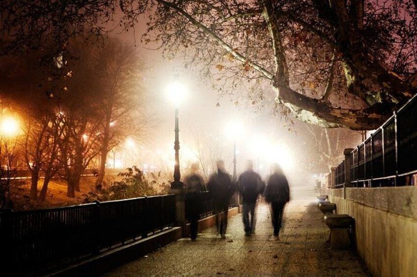 A foggy park at night with street lamps and a pathway. 5