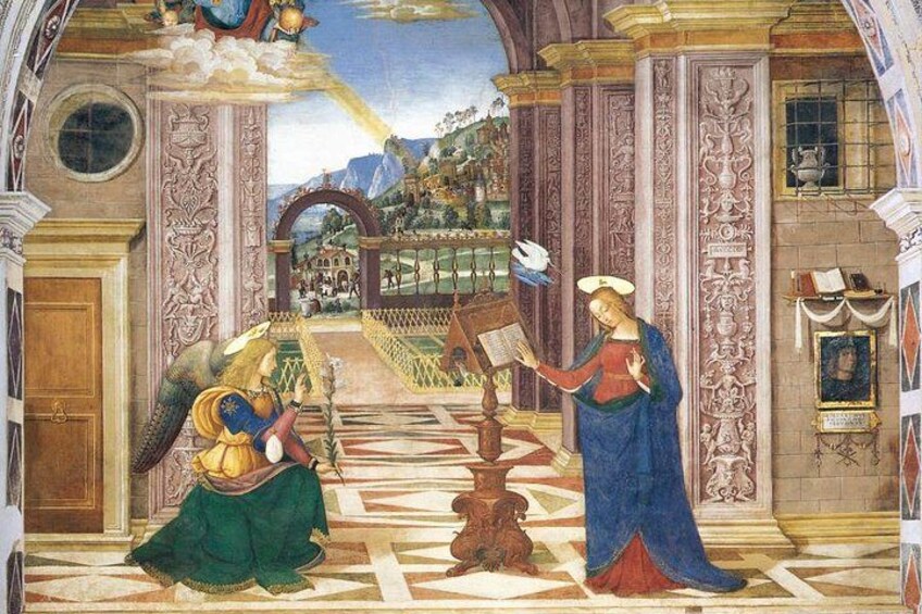 Een fresco met architectonische details, een figuur met een boek en een duif. 3