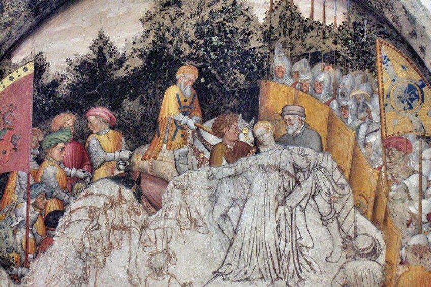 A historical scene with figures in armor and robes, a flag, and a mountainous landscape. 4