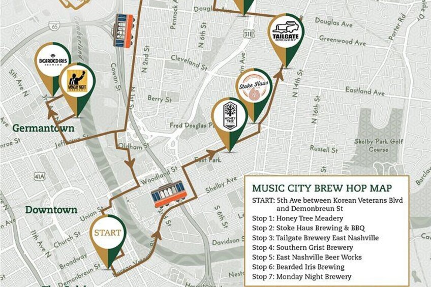 A map of Music City Brew Hop with brewery stops marked. 2