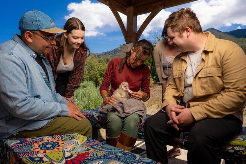 Un grupo de personas sentadas sobre esteras de colores en un espacio abierto, con un paisaje montañoso al fondo. 4