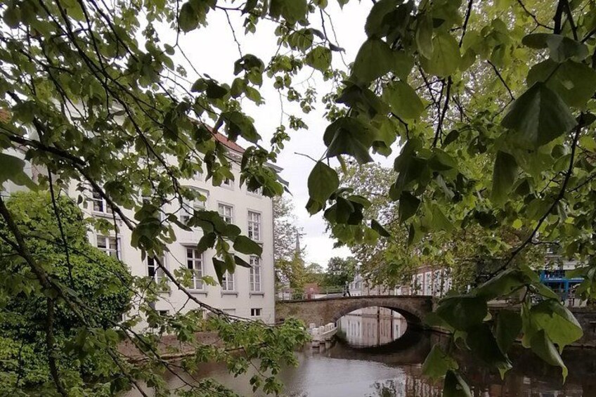 A bridge over a river, surrounded by trees and buildings. 1
