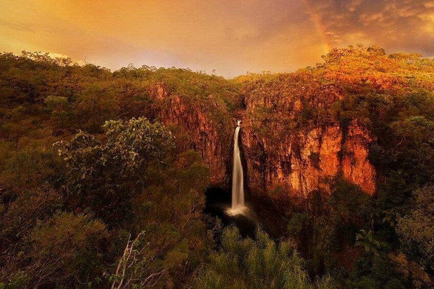 Una cascata circondata da vegetazione fitta e pareti rocciose. 1