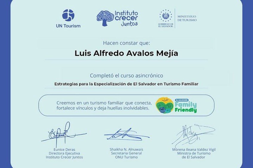 A certificate of completion for a tourism course. 2