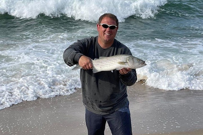 En person håller i en fisk på en strand, med vågor i bakgrunden. 2