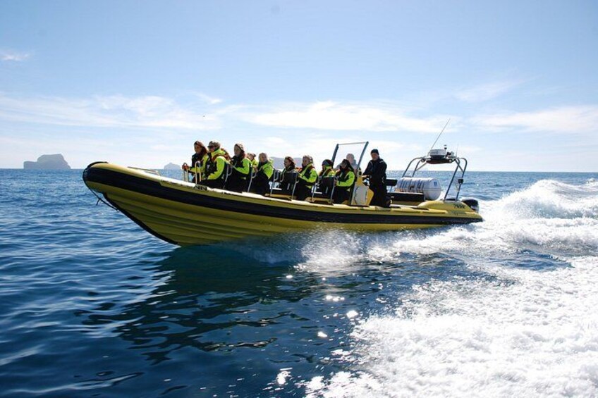 A yellow inflatable boat with passengers wearing life jackets, moving on the water. 3