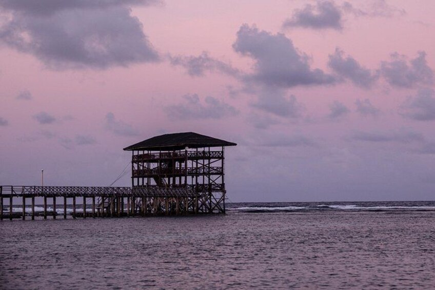 A pier extending into the water with a covered structure at the end. 2