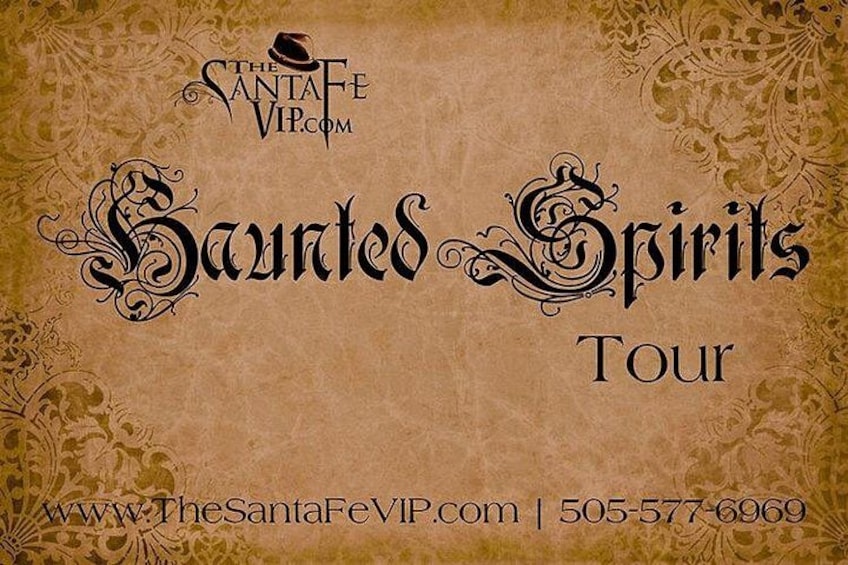 A promotional poster for the 'Haunted Spirits Tour' with a vintage design, including the website and phone number. 4